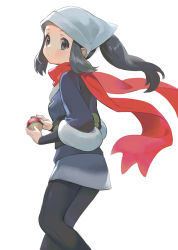 Rule 34 | 1girl, akari (pokemon), black hair, black pantyhose, black shirt, closed mouth, commentary request, creatures (company), eyelashes, floating scarf, from side, game freak, grey eyes, grey headwear, grey jacket, head scarf, jacket, korean commentary, long hair, looking to the side, nintendo, pagye, pantyhose, pokemon, pokemon legends: arceus, ponytail, red scarf, sash, scarf, shirt, sidelocks, skirt, solo