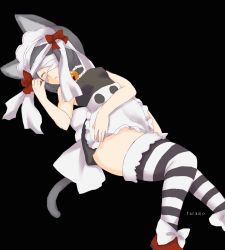 Rule 34 | 1girl, animal ears, ar tonelico, ar tonelico iii, bad id, bad pixiv id, bandage over one eye, bandages, black hair, bow, cat ears, cat tail, closed eyes, coquette, coquette (cosplay), cosplay, filament (ar tonelico), gust, maid, maid headdress, sleeping, solo, striped clothes, striped thighhighs, tail, taramo, thighhighs