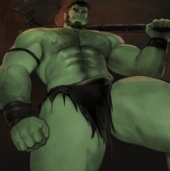 Rule 34 | 1boy, abs, armpit hair, armpit hair peek, axe, back hair, bara, battle axe, beard, bulge, colored skin, dopey (dopq), facial hair, feet out of frame, from below, full beard, green skin, hairy, highres, holding, holding axe, large pectorals, leg hair, loincloth, looking at viewer, looking down, male focus, mature male, monster boy, muscular, muscular male, navel, navel hair, nipples, orc, original, over shoulder, pectorals, pointy ears, scar, scar across eye, scar on face, scar on mouth, short hair, solo, sparse leg hair, stomach, strongman waist, thick arm hair, thick beard, thick chest hair, thick eyebrows, thick navel hair, thick thighs, thighs, topless male, tusks, weapon, weapon over shoulder