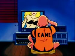 Rule 34 | 1980s (style), 1boy, 1girl, animated, animated gif, bald, beard, bikini, black bikini, blonde hair, bouncing breasts, breasts, dragon ball, facial hair, from behind, indian style, indoors, long hair, lowres, muten roushi, old, old man, oldschool, retro artstyle, sitting, sunglasses, swimsuit, television, white hair, wooden floor