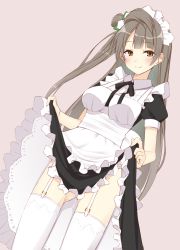 Rule 34 | 10s, 1girl, apron, blush, bow, brown eyes, closed mouth, clothes lift, dress, dress lift, fuji yoshida, garter straps, gluteal fold, green bow, grey hair, hair bow, highres, holding, long hair, looking at viewer, love live!, love live! school idol project, maid, maid apron, maid headdress, minami kotori, pink background, pussy juice, pussy juice trail, simple background, smile, solo, standing, white legwear