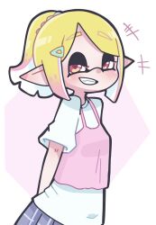 Rule 34 | +++, 1girl, arm behind back, blonde hair, blue skirt, blush, breasts, commentary request, gradient hair, grin, hair ornament, hairclip, half-closed eyes, hekoningyou (waraningyou), highres, inkling, inkling girl, inkling player character, laughing, layered shirt, looking at viewer, multicolored hair, nintendo, pink eyes, pink hair, pink tank top, plaid, plaid skirt, pointy ears, ponytail, raised eyebrows, shirt, short sleeves, sidelocks, skirt, small breasts, smile, smug, solo, splatoon (series), swept bangs, tank top, tentacle hair, two-tone eyes, two-tone hair, white background, white shirt, yellow eyes