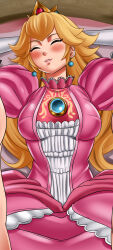 Rule 34 | 1girl, arms behind head, artist request, blonde hair, blush, breasts, brooch, closed eyes, dress, elbow gloves, gloves, gown, highres, jewelry, large breasts, long hair, looking at viewer, lying, mario (series), nintendo, parted lips, pink lips, princess, princess peach, sleeping, smile, source request, super mario bros. 1, super smash bros., white gloves