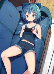 Rule 34 | 1girl, absurdres, alternate costume, bare arms, bare legs, bare shoulders, black shorts, blue bow, blue eyes, blue hair, bow, camisole, cirno, closed mouth, collarbone, contemporary, couch, from above, hair bow, highres, ice, ice wings, indoors, light smile, lying, mamemochi, midriff, navel, nintendo switch, on back, short hair, shorts, solo, touhou, wings, wooden floor