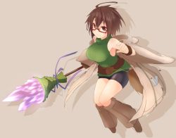 Rule 34 | 1girl, aussa (yu-gi-oh!), aussa the earth charmer, bad id, bad pixiv id, breasts, brown eyes, brown hair, duel monster, glasses, large breasts, short hair, simple background, solo, yoosai, yu-gi-oh!