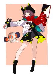 Rule 34 | 1girl, 1other, absurdres, animal ears, arknights, black dress, blue eyes, breasts, brown hair, checkered clothes, checkered scarf, cleavage, clobbopus, creatures (company), deepcolor (arknights), dress, game freak, gen 8 pokemon, hat, highres, holding, holding poke ball, holding sketchbook, jacket, large breasts, medium breasts, multicolored hair, nintendo, octopus, open clothes, open jacket, poke ball, pokemon, pokemon (creature), realmbw, red scarf, scarf, short hair, sketchbook, smile, white jacket