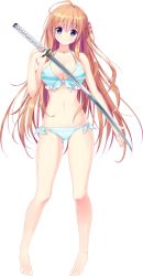 Rule 34 | 1girl, ahoge, barefoot, bikini, blue eyes, breasts, folded hair, front-tie bikini top, front-tie top, full body, halterneck, highres, holding, holding sword, holding weapon, jewelry, katana, kino konomi, large breasts, long hair, looking at viewer, necklace, non-web source, shinonome setsuna, shirogane x spirits, side-tie bikini bottom, smile, solo, striped bikini, striped clothes, swimsuit, sword, transparent background, weapon