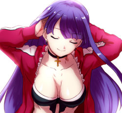 Rule 34 | 1girl, adjusting hair, aoba (smartbeat), arms up, bikini, black bikini, breasts, choker, cleavage, closed mouth, collarbone, cross, cross choker, earrings, fate/grand order, fate (series), jacket, jewelry, large breasts, long hair, long sleeves, martha (fate), martha (swimsuit ruler) (fate), martha (swimsuit ruler) (second ascension) (fate), open clothes, open jacket, pink jacket, purple eyes, smile, solo, straight hair, swimsuit, very long hair