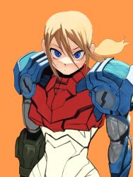Rule 34 | 1girl, arm cannon, armor, blonde hair, blue eyes, go d e, gun, highres, long hair, looking at viewer, metroid, metroid dread, mole, mole under mouth, nintendo, ponytail, power armor, power suit, samus aran, science fiction, simple background, solo, upper body, weapon