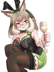 Rule 34 | 1girl, absurdres, alcohol, animal ears, bare shoulders, bow, bowtie, bunny garden, cat ears, cat girl, cup, drinking glass, extra ears, glasses, green eyes, grey hair, highres, jacket, jungle cat (kemono friends), kemono friends, kemono friends v project, long hair, looking at viewer, mcgunngu, parody, rabbit ears, simple background, skirt, sleeveless, solo, tail, thighhighs, virtual youtuber, wrist cuffs