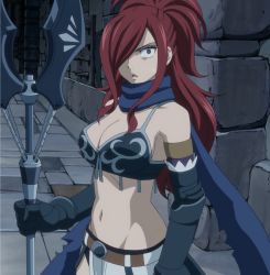 Rule 34 | 1girl, armor, bare shoulders, breasts, cleavage, erza knightwalker, erza scarlet, fairy tail, female focus, hair over one eye, highres, large breasts, long hair, navel, polearm, red hair, scarf, screencap, serious, solo, spear, stitched, surprised, third-party edit, weapon