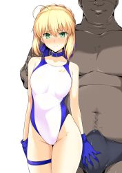 Rule 34 | ahoge, artoria pendragon (all), artoria pendragon (fate), blonde hair, blush, bulge, competition swimsuit, crotch grab, dark-skinned male, dark skin, erection, erection under clothes, fat, fat man, fate/stay night, fate (series), gloves, green eyes, hair between eyes, halcon, highres, leash, looking at viewer, one-piece swimsuit, saber (fate), simple background, standing, swimsuit, white background, white one-piece swimsuit