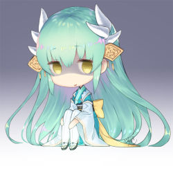 Rule 34 | aqua hair, blue background, blush, chibi, commentary request, depressed, empty eyes, fate/grand order, fate (series), gradient background, holding legs, horns, japanese clothes, kimono, kiyohime (fate), long hair, looking to the side, obi, open mouth, sandals, sash, shaded face, signature, sitting, solo, two-tone background, very long hair, white background, wide sleeves, yellow eyes