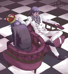 Rule 34 | 2boys, :d, ametant, black footwear, black jacket, black pants, buttons, chair, checkered clothes, checkered floor, checkered scarf, closed eyes, crown, danganronpa (series), danganronpa v3: killing harmony, dated, double-breasted, dual persona, hair between eyes, happy birthday, highres, holding, holding crown, jacket, male focus, multiple boys, oma kokichi, open mouth, pants, purple footwear, purple hair, scarf, sitting, smile, teeth, upper teeth only, white jacket, white pants