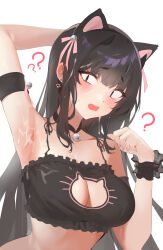 Rule 34 | 1girl, ?, ??, absurdres, animal ears, arm behind head, armpits, bell, blush, breasts, cat cutout, cat ears, cat lingerie, cleavage, cleavage cutout, clothing cutout, cum, cum on armpits, cum on body, dress, highres, jingle bell, large breasts, long hair, meme attire, milim nova, neck bell, open mouth, original, paw earrings, simple background, solo, upper body, white background, wrist cuffs