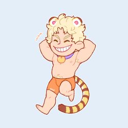 Rule 34 | 1boy, animal ears, armpits, arms behind head, belly, boku no hero academia, boxers, bulge, chibi, collar, fatgum, feraltintinsimp, full body, highres, male focus, male underwear, muscular, muscular male, navel, navel hair, nipples, orange male underwear, pectorals, short hair, simple background, smile, solo, tail, tiger boy, tiger ears, tiger tail, underwear, underwear only