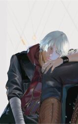 Rule 34 | 1boy, bandages, bishounen, blue eyes, chaloobie, devil may cry (series), highres, hood, hoodie, long hair, nero (devil may cry), non-web source, pale skin, white hair