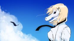 Rule 34 | 1girl, absurdres, alligator mask, anrepoi, black necktie, blonde hair, blue sky, feathers, floating hair, hair ornament, highres, hololive, hololive english, jacket, mask, medium hair, necktie, neon white, sky, solo, virtual youtuber, watson amelia, white jacket