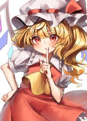 Rule 34 | 1girl, ascot, blonde hair, blush, collared shirt, crystal, fingernails, flandre scarlet, frilled shirt collar, frills, hair between eyes, hat, highres, index finger raised, long fingernails, long hair, looking at viewer, mob cap, nail polish, one side up, open mouth, red eyes, red nails, red skirt, red vest, shirt, short sleeves, simple background, sketch, skirt, solo, touhou, vest, waramori fuzuka, white background, white hat, white shirt, wings, yellow ascot