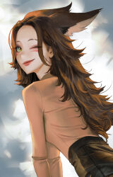 Rule 34 | 1girl, animal ears, black hair, black skirt, brown shirt, closed mouth, commentary, cowboy shot, english commentary, facial mark, fang, fox ears, fox girl, from side, green eyes, highres, leaning forward, lipstick, long hair, long sleeves, looking at viewer, makeup, messy hair, one eye closed, original, red lips, shirt, skirt, slit pupils, smile, solo, whisker markings, wonbin lee
