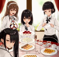 Rule 34 | 4girls, :d, ashigara (kancolle), black hair, black neckwear, black skirt, blunt bangs, blurry, blush, braid, braided bun, breasts, brown eyes, brown hair, buttons, cake, chair, closed mouth, collared shirt, commentary request, cookie, croissant, cup, curtains, day, depth of field, dress shirt, fang, food, haguro (kancolle), hair between eyes, hair bun, hair ornament, hair ribbon, hairband, hairclip, half-closed eyes, holding, holding teapot, indoors, kantai collection, kinokorec, large breasts, long hair, long sleeves, looking at another, looking at viewer, looking back, looking down, multicolored neckerchief, multicolored neckwear, multiple girls, myoukou (kancolle), nachi (kancolle), neckerchief, necktie, open mouth, parted lips, pencil skirt, plate, red ribbon, ribbon, sandwich, shirt, short hair, side ponytail, sidelocks, single hair bun, sitting, skirt, smile, standing, table, tea, teacup, teapot, tiered tray, white hairband, white shirt, window