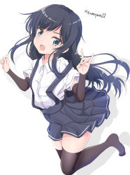 Rule 34 | 1girl, arm warmers, asashio (kancolle), black hair, black thighhighs, blue eyes, blush, collared shirt, grey skirt, highres, kantai collection, long hair, open mouth, pleated skirt, shirt, short sleeves, simple background, skirt, smile, solo, suspender skirt, suspenders, tamayan, thighhighs, twitter username, white background, white shirt