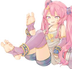 Rule 34 | 1girl, anklet, barefoot, blush, bracelet, breasts, chaosexceed, collarbone, feet, feet up, foot focus, full body, gloves, hair ornament, hairclip, heart, heart print, jewelry, leaning back, long hair, off shoulder, on floor, open mouth, pink eyes, pink hair, short shorts, shorts, sitting, smile, soles, stirrup legwear, strap slip, tank top, toeless legwear, toes, twintails, yellow eyes