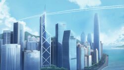 Rule 34 | blue sky, building, chinese commentary, city, cityscape, cloud, commentary request, day, highres, hong kong, no humans, original, ptsd0818, road, scenery, sky, skyscraper, tree