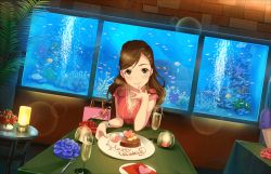 Rule 34 | 1girl, aquarium, artist request, bag, bracelet, breasts, brown hair, cake, candle, candy, chocolate, chocolate cake, chocolate heart, cleavage, cup, dating, dessert, dress, drinking glass, etou misaki (idolmaster), fish, fish tank, food, gift, glass, green eyes, happy valentine, heart, heart-shaped food, ice cream, idolmaster, idolmaster cinderella girls, idolmaster cinderella girls starlight stage, jewelry, jpeg artifacts, light smile, long hair, looking at viewer, medium breasts, necklace, official art, paper bag, pearl necklace, plate, sitting, solo, table, valentine, watch, wavy hair, wine glass, wristwatch