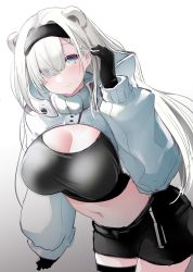 Rule 34 | 1girl, animal ears, arknights, aurora (arknights), aurora (elite ii) (arknights), bear ears, black gloves, black hairband, black shorts, breasts, cleavage, closed mouth, commentary request, cowboy shot, eyes visible through hair, gloves, gradient background, grey background, grey hair, hair over one eye, hairband, hand up, kirigakure (kirigakure tantei jimusho), large breasts, leaning forward, long sleeves, looking at viewer, puffy long sleeves, puffy sleeves, short shorts, shorts, shrug (clothing), sleeves past wrists, smile, solo, standing, white background
