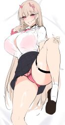 Rule 34 | absurdres, black skirt, blonde hair, blush, bra visible through clothes, breasts, cameltoe, chixiao, collared shirt, ear piercing, earrings, goddess of victory: nikke, grin, highres, horns, huge breasts, jewelry, leg up, loafers, long hair, looking at viewer, mole, mole under eye, nail polish, panties, piercing, pink eyes, pink horns, pink nails, pink panties, scrunchie, shirt, shirt tucked in, shoes, skirt, smile, socks, thigh strap, thighs, underwear, viper (nikke), white shirt, white socks, wrist scrunchie