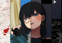 Rule 34 | 1girl, black border, black dress, black hair, blood, blood on hands, blood splatter, blue jacket, blush, border, broken glass, camcorder, collared shirt, crescent, crescent earrings, curtains, daijoyuu-san (synthesizer v), dress, earrings, empty eyes, film grain, glass, glasses, green eyes, half-closed eyes, hand up, head tilt, highres, holding camera, jacket, jewelry, letterboxed, looking at viewer, makeup, medium hair, multiple views, nosebleed, open mouth, red lips, round eyewear, script, semi-rimless eyewear, shirt, smile, synthesizer v, umiwashi, user interface, video camera, white shirt