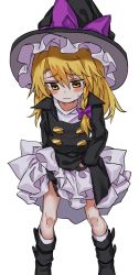 Rule 34 | 1girl, blonde hair, blush, boots, braid, clothes lift, coat, commentary, cookie (touhou), hat, kirisame marisa, long hair, manarou, messy hair, petticoat, rei (cookie), removing panties, single braid, skirt, skirt lift, socks, solo, thick eyebrows, touhou, trench coat, witch hat
