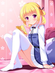 Rule 34 | 1girl, bedroom, blonde hair, blue dress, blush, book, breasts, closed mouth, collared shirt, dress, floral print, full body, girlish number, highres, indoors, knees up, long sleeves, looking at viewer, no shoes, on bed, open book, pillow, purple eyes, shirt, short hair, sitting, small breasts, smile, socks, solo, sonou momoka, thighhighs, twintails, white shirt, white socks, white thighhighs, yagami-all hail nanao
