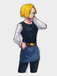 Rule 34 | 1girl, android 18, belt, black shirt, blonde hair, blue eyes, blue shorts, brown belt, closed mouth, dragon ball, dragonball z, grey background, kemachiku, long sleeves, looking away, looking to the side, shirt, short hair, shorts, simple background, solo, striped, striped sleeves, white sleeves