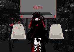 Rule 34 | 1girl, ankle lace-up, azami (kagerou project), bad id, bad pixiv id, bird, black hair, chair, cross-laced footwear, days (kagerou project), expressionless, snake hair, hands on lap, irohina, kagerou project, letterboxed, long hair, looking at viewer, monster girl, red eyes, shadow, sitting, slit pupils, solo, very long hair
