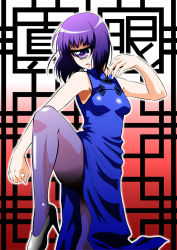 Rule 34 | 10s, 1girl, china dress, chinese clothes, cyclops, dress, fighting stance, gradient background, high heels, manako, monster girl, monster musume no iru nichijou, one-eyed, pantyhose, purple eyes, purple hair, s-now, side slit, sleeveless, solo