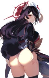 Rule 34 | 1girl, animal ears, ass, back, black hair, black kimono, black sailor collar, blue archive, blush, breasts, colored inner hair, eyeliner, floral print, fox ears, fox girl, fox tail, hair ornament, halo, highres, japanese clothes, kimono, large breasts, long hair, long sleeves, looking at viewer, looking back, makeup, miniskirt, multicolored hair, obi, red hair, sailor collar, sash, skirt, solo, tail, thighs, tomoyuki hino, wakamo (blue archive), white skirt, wide sleeves, yellow eyes