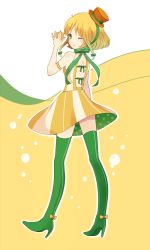 Rule 34 | 1girl, ayu (mog), bad id, bad pixiv id, blonde hair, boots, c.c. lemon, c.c. lemon (character), dress, food, fruit, green eyes, green footwear, green thighhighs, hat, highres, lemon, one eye closed, personification, short hair, smile, solo, thigh boots, thighhighs, wink
