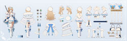 1girl absurdres alternate_costume blonde_hair blue_eyes blue_skirt breasts cleavage dress drum_magazine full_body girls&#039;_frontline girls&#039;_frontline_2:_exilium gun hair_bun highres magazine_(weapon) multiple_views reference_sheet salmonppang skirt submachine_gun suomi_(girls&#039;_frontline) suomi_(girls&#039;_frontline_2) suomi_kp/-31 turnaround weapon