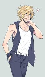 Rule 34 | 10s, 1boy, :q, alternate hairstyle, bad id, bad pixiv id, bare shoulders, belt, blonde hair, blue eyes, collarbone, final fantasy, final fantasy xv, freckles, heart, licking lips, male focus, messy hair, nakagawa waka, prompto argentum, prototype design, solo, spoken heart, tongue, tongue out, vest