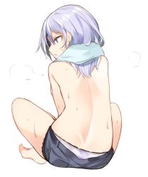 Rule 34 | 1girl, back, bad id, bad pixiv id, bare legs, barefoot, from behind, full body, highres, kinukawa chinatsu, light purple hair, long hair, looking to the side, original, otokuyou, panties, profile, short shorts, shorts, simple background, sitting, solo, sweat, topless, towel, underwear, wet, white background