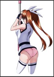 Rule 34 | 1girl, ass, brown hair, lyrical nanoha, mahou shoujo lyrical nanoha strikers, panties, pink panties, simple background, solo, takamachi nanoha, tappa (esperanza), thighhighs, twintails, underwear, white background, white thighhighs