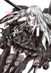 Rule 34 | 10s, 1girl, abyssal ship, aircraft carrier oni, armor, armored boots, bad id, bad pixiv id, bare shoulders, black dress, boots, breasts, cleavage, collarbone, colored skin, dress, gauntlets, highres, kantai collection, large breasts, long hair, looking at viewer, machinery, one side up, orange eyes, pale skin, sailor collar, sailor dress, simple background, sitting, smirk, solo, storia0628, thighhighs, white background, white hair, white skin, zettai ryouiki