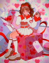 Rule 34 | 1990s (style), 1girl, arm cutout, belt, blush, bow, box, bright pupils, brown footwear, brown hair, candy, chest sarashi, chocolate, chocolate heart, clothing cutout, colorful, commentary, commentary request, cross-laced clothes, cross-laced dress, dress, ear piercing, earrings, english commentary, fingernails, flower (symbol), food, full body, gift, gift box, hair bow, heart, heart-shaped pupils, heart cutout, highres, holding, inuha dog wave, jewelry, kneehighs, long hair, long sleeves, looking at object, mixed-language commentary, mole, multicolored background, nail polish, original, parted lips, piercing, pink eyes, pleated dress, red belt, red bow, retro artstyle, sarashi, shoes, short dress, sitting, socks, solo, stomach cutout, symbol-shaped pupils, triangle mouth, uneven eyes, wavy hair, white dress, white nails, white pupils, white socks