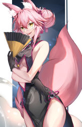Rule 34 | 1girl, absurdres, animal ear fluff, animal ears, bell, black dress, black gloves, blush, breasts, center opening, china dress, chinese clothes, double bun, dress, fate/grand order, fate (series), folding fan, fox ears, fox girl, fox tail, glasses, gloves, hair between eyes, hair bun, hand fan, herigaru (fvgyvr000), highres, jingle bell, koyanskaya (chinese lostbelt outfit) (fate), koyanskaya (fate), large breasts, long hair, looking at viewer, open mouth, pink hair, side slit, sidelocks, sleeveless, sleeveless dress, smile, solo, tail, tamamo (fate), tassel, thighs, underboob, yellow eyes
