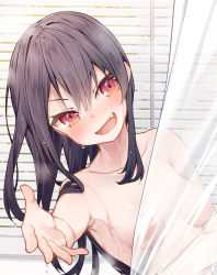 Rule 34 | 1girl, :d, armpits, black hair, blush, collarbone, commentary, completely nude, fang, long hair, looking at viewer, nude, open mouth, original, outstretched arm, red eyes, shower curtain, smile, solo, tokuno yuika, transparent, upper body, wet