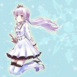 Rule 34 | 1girl, alternate costume, black thighhighs, blue eyes, boots, commentary request, crown, high heel boots, high heels, iesupa, knee boots, mini crown, myrtenaster, rwby, scar, scar across eye, scar on face, snowflake background, thighhighs, thighhighs under boots, weiss schnee, white hair, white thighhighs