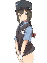 Rule 34 | 1girl, alchera, black eyes, black hair, black headwear, black vest, blue shirt, braid, commentary request, covering privates, covering crotch, cowboy shot, dress shirt, employee uniform, female service cap, gloves, hair between eyes, isonami (kancolle), kantai collection, looking at viewer, name tag, no pants, official alternate costume, panties, shirt, sidelocks, simple background, solo, twin braids, underwear, uniform, v arms, vest, white background, white gloves, white panties