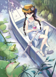 Rule 34 | 1girl, 9room, bad id, bad pixiv id, bare shoulders, barefoot, black hair, boat, braid, dress, flower, food, frog, hair over shoulder, hat, ice cream, leaf, long hair, mouth hold, original, pink eyes, shoes, unworn shoes, single shoe, sitting, sleeveless, solo, sundress, twin braids, water, watercraft